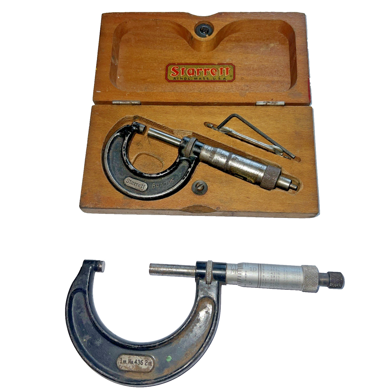 Vintage Lot Starrett  436 1” & 1-2” Micrometer WOODEN Wood Case