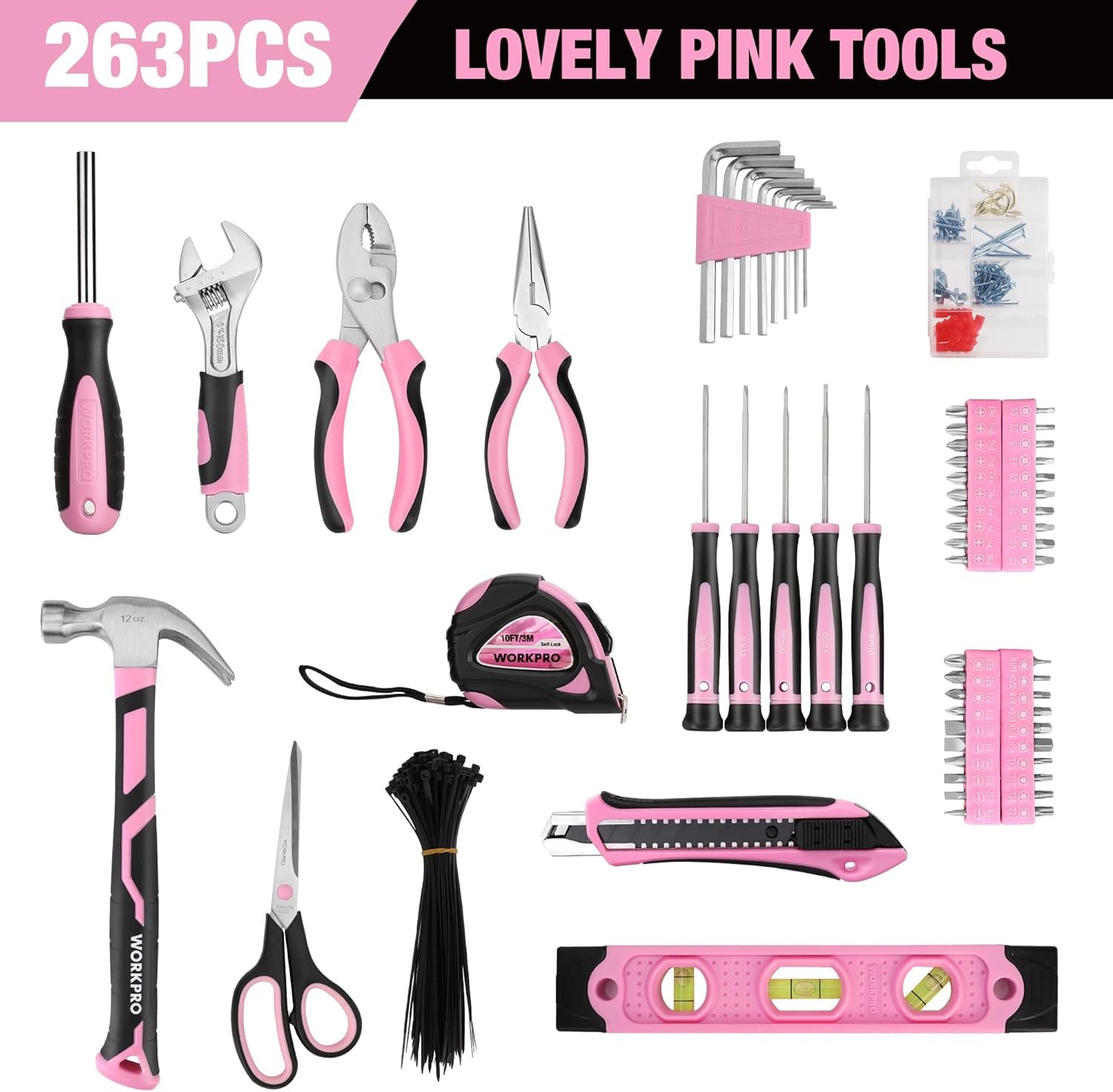 WORKPRO Pink Tool Kit, 263-Piece Home Repairing Tool Set Household Tool Kit New