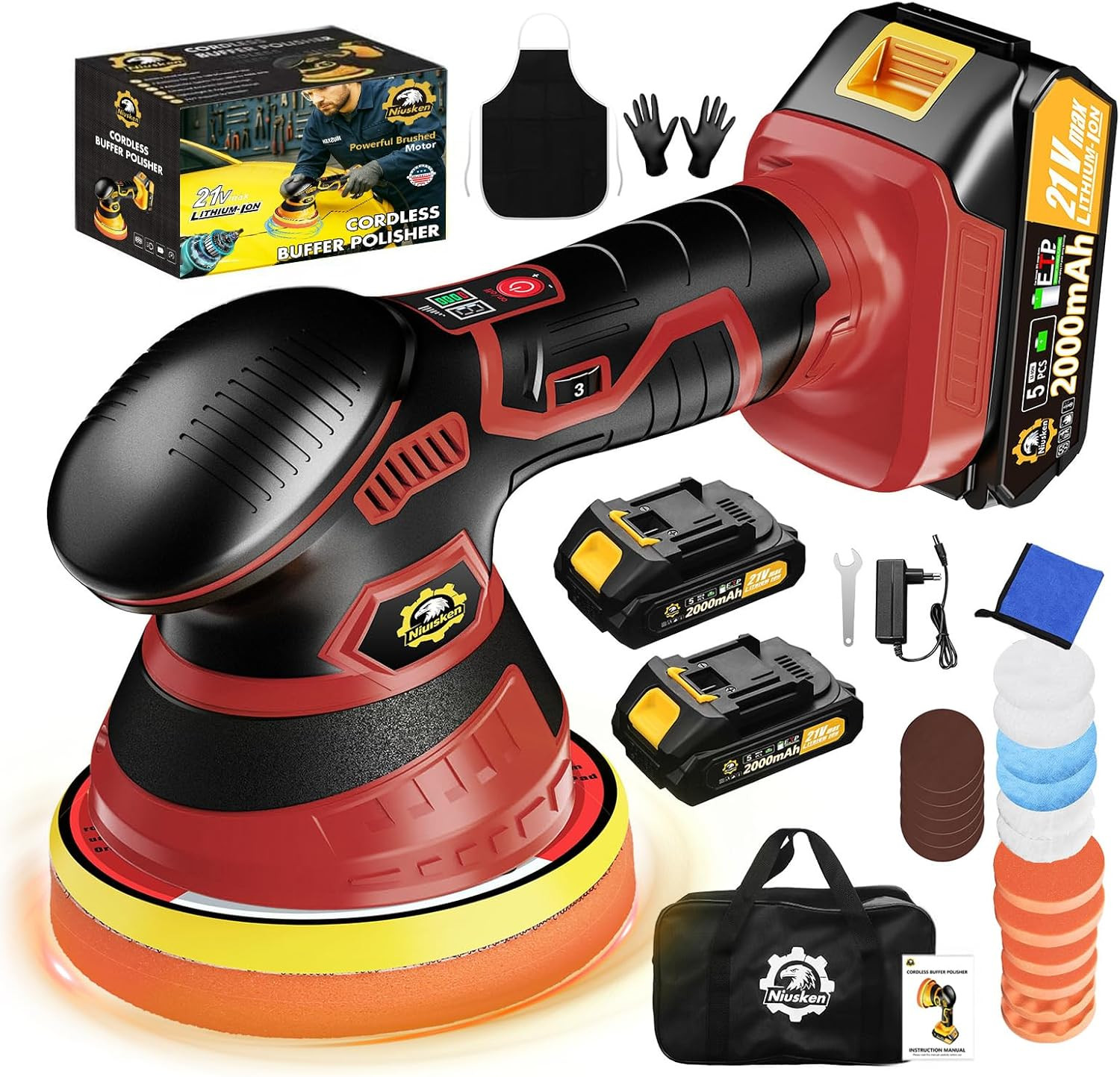 Cordless Car Buffer Polisher Kit [2X 2000Mah 21V Batteries & 18 PCS Attachments]