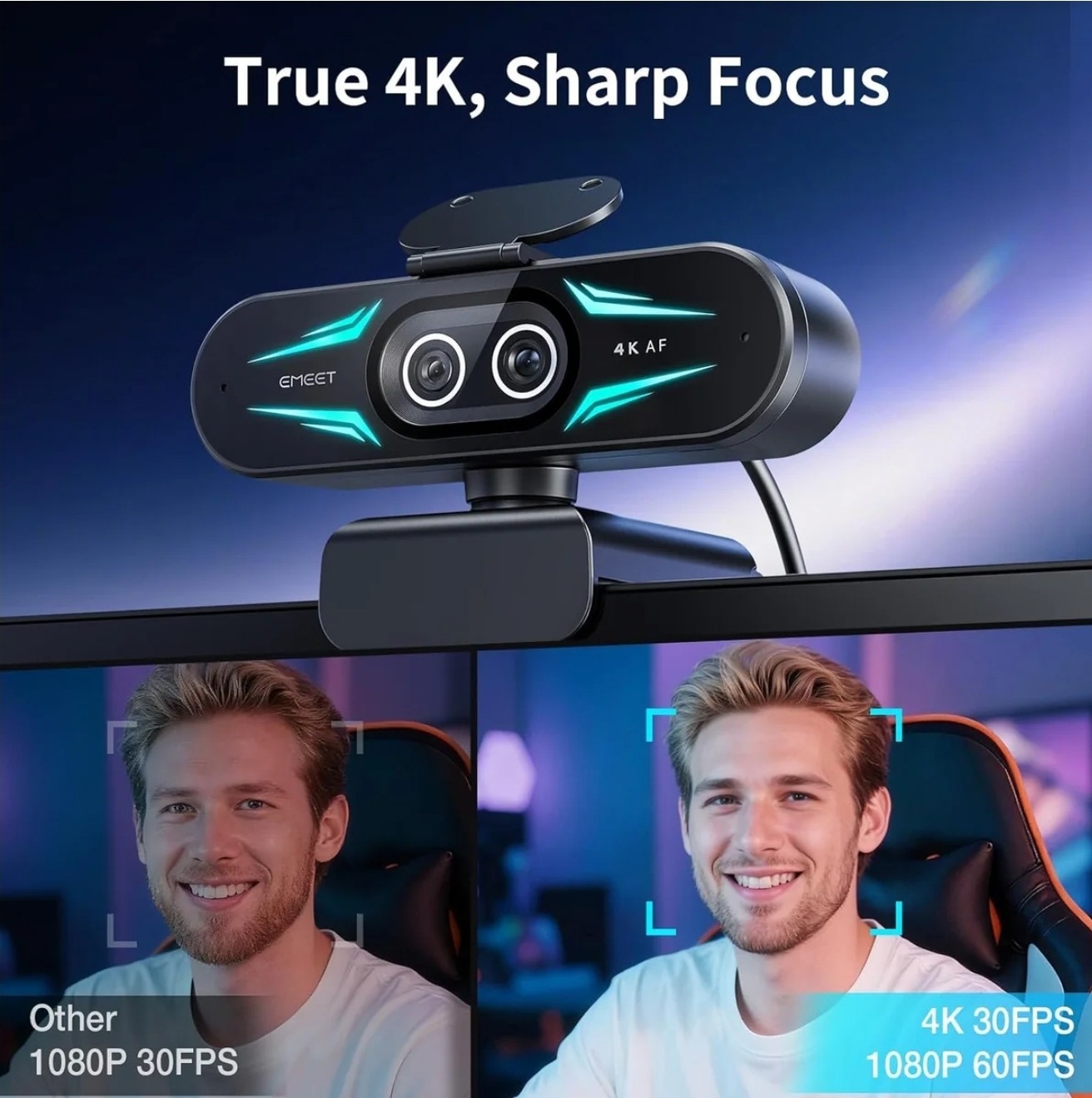 Emeet 4K AF Dual-Camera UHD Webcam, Autofocus, RGB Lighting, Remote Control