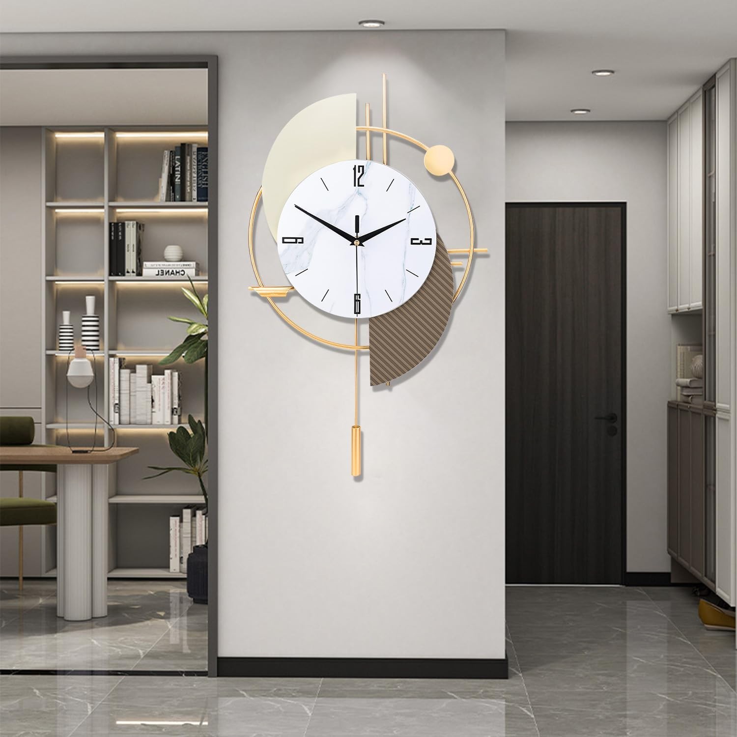 FILLOVE Large Decorative Wall Clock with Pendulum for Living Room, Matte Whit...