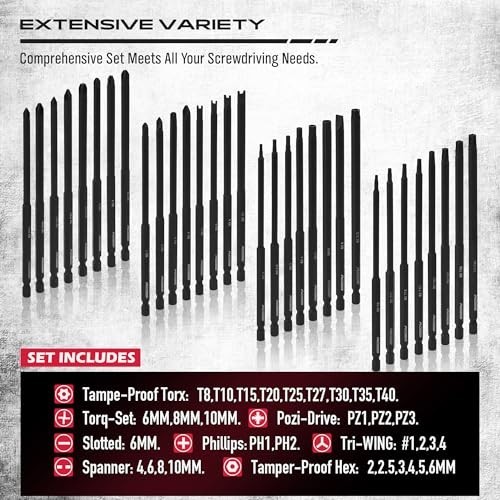 32-Piece Extra Long Security Bit Set - S2 Steel Tamper-Proof Screwdriver Bits, 6
