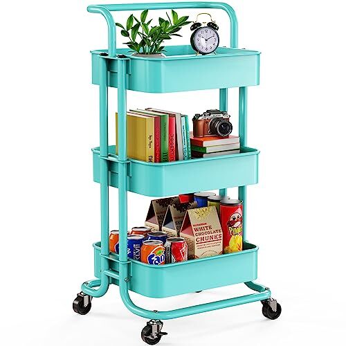3 Tier Mesh Utility Cart, Rolling Metal Organization Cart with Turquoise