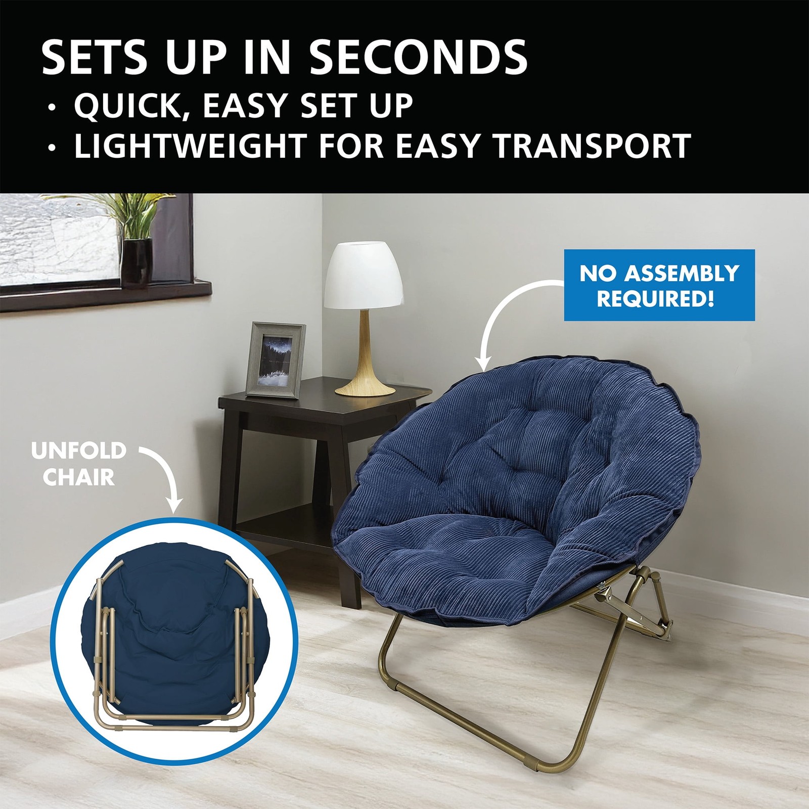 Corduroy Saucer Chair for Kids and Teens with Gold Legs, Washed Indigo