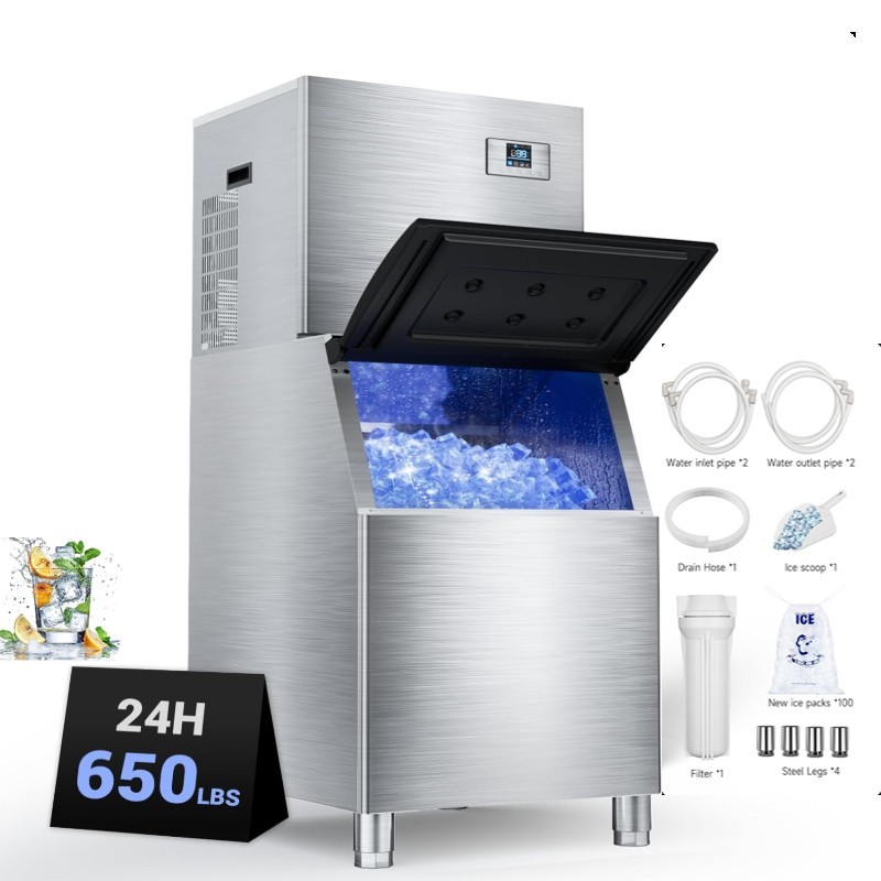 Commercial Ice Maker Machine 650Lbs/24H Storage 600Lbs Industrial Ice Machine