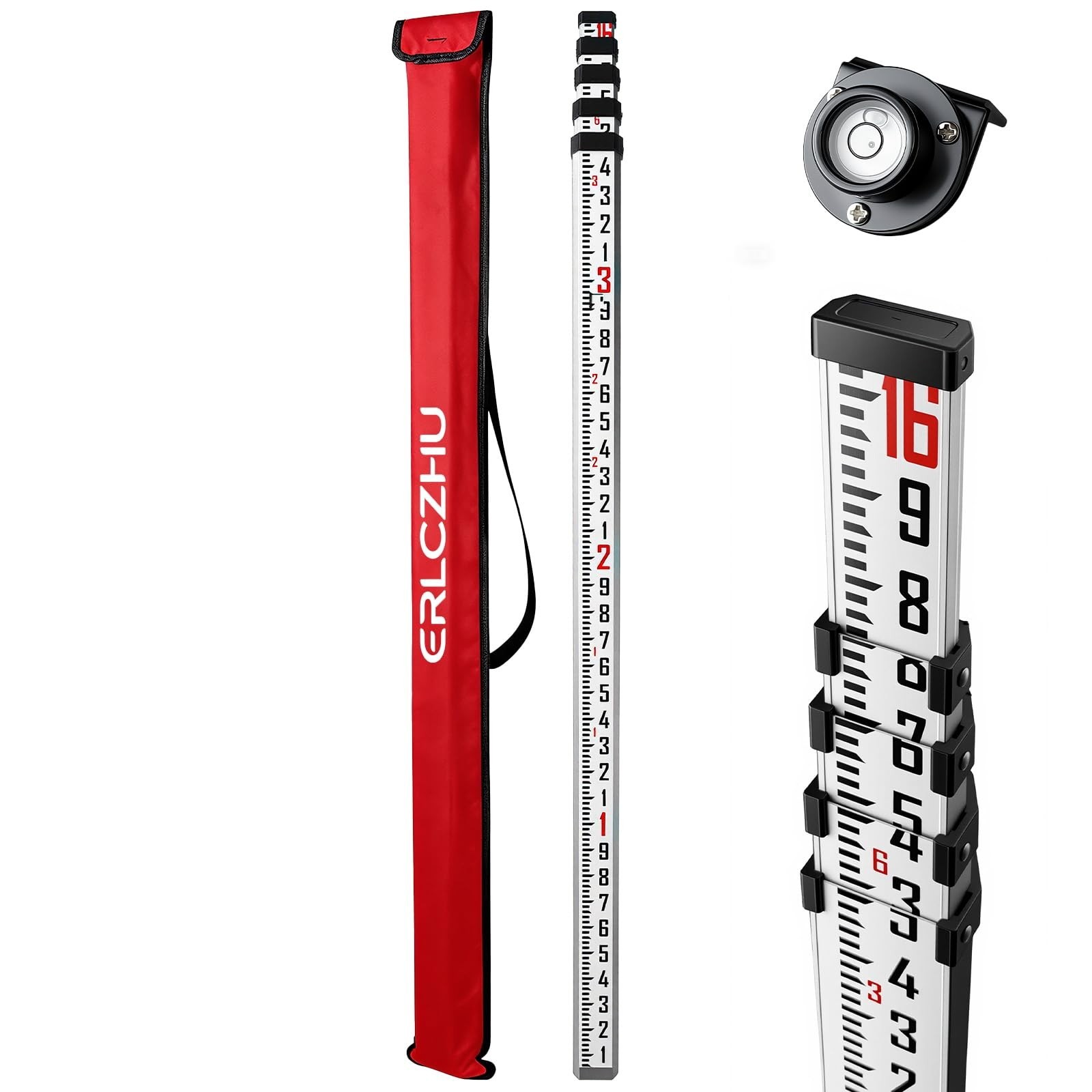 16 FT Sided Aluminum Grade Rod, 5 Sections Telescopic Measuring Rod, Double-S...