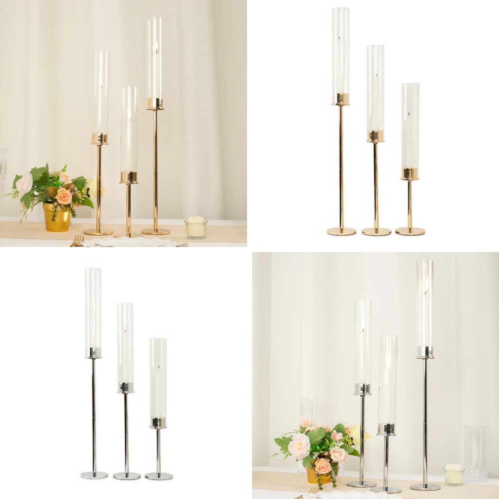 3 Metal 16" 20" 24" Clear Glass Shades Hurricane Taper CANDLE HOLDERS