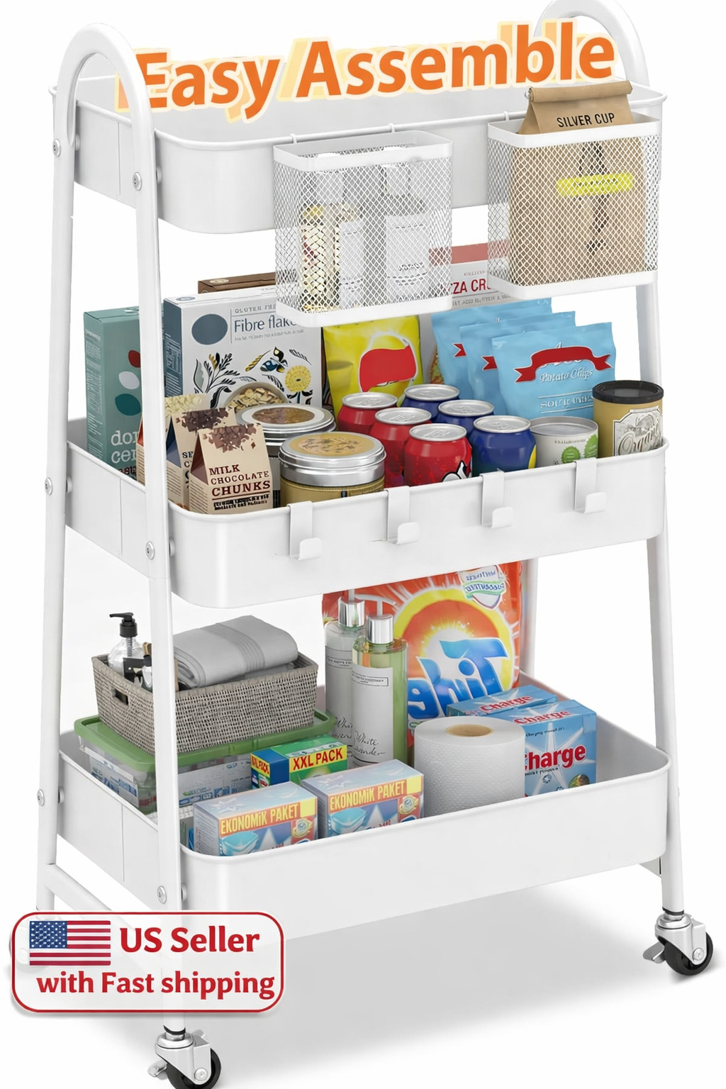 3 Tier Rolling Cart Heavy Duty Mesh Storage Hanging Cups Hooks Utility
