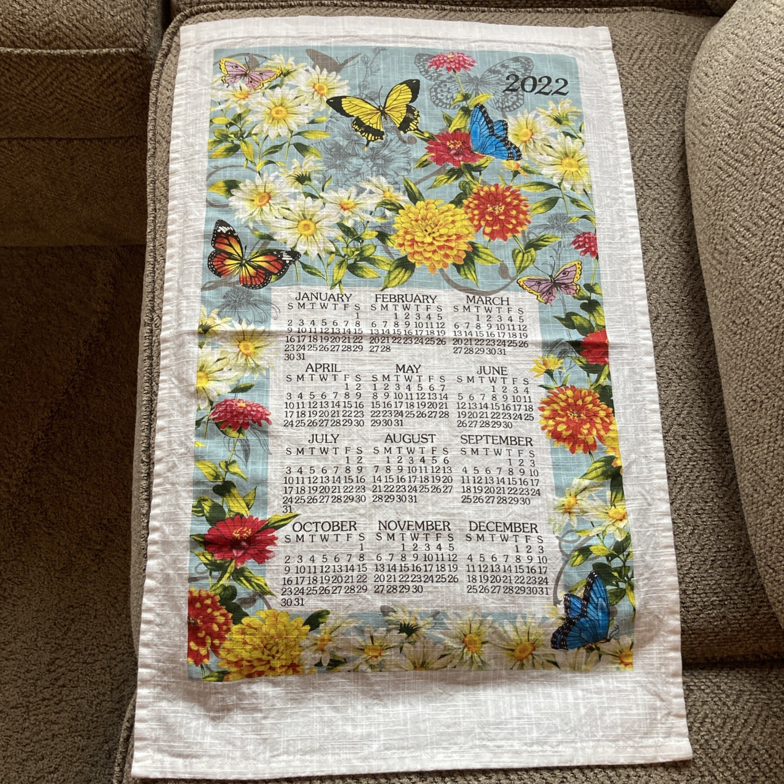 2022 Calendar Tea Towel Featuring Flowers And Butter Butterflies