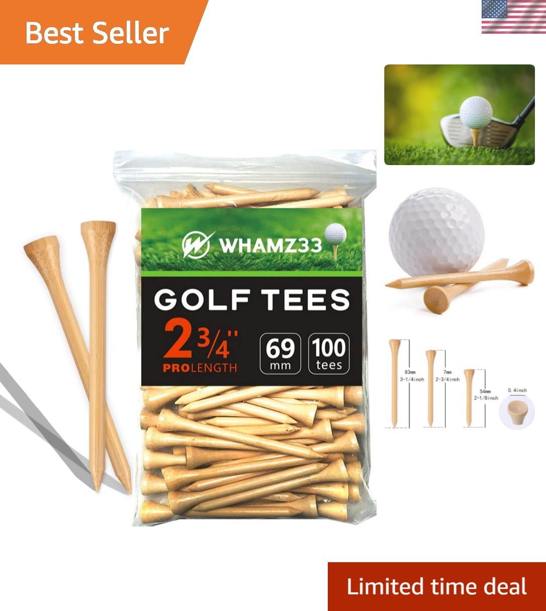 Professional Wooden Golf Tees 2 3/4 inch Tee Pack of 100 Golf Tee