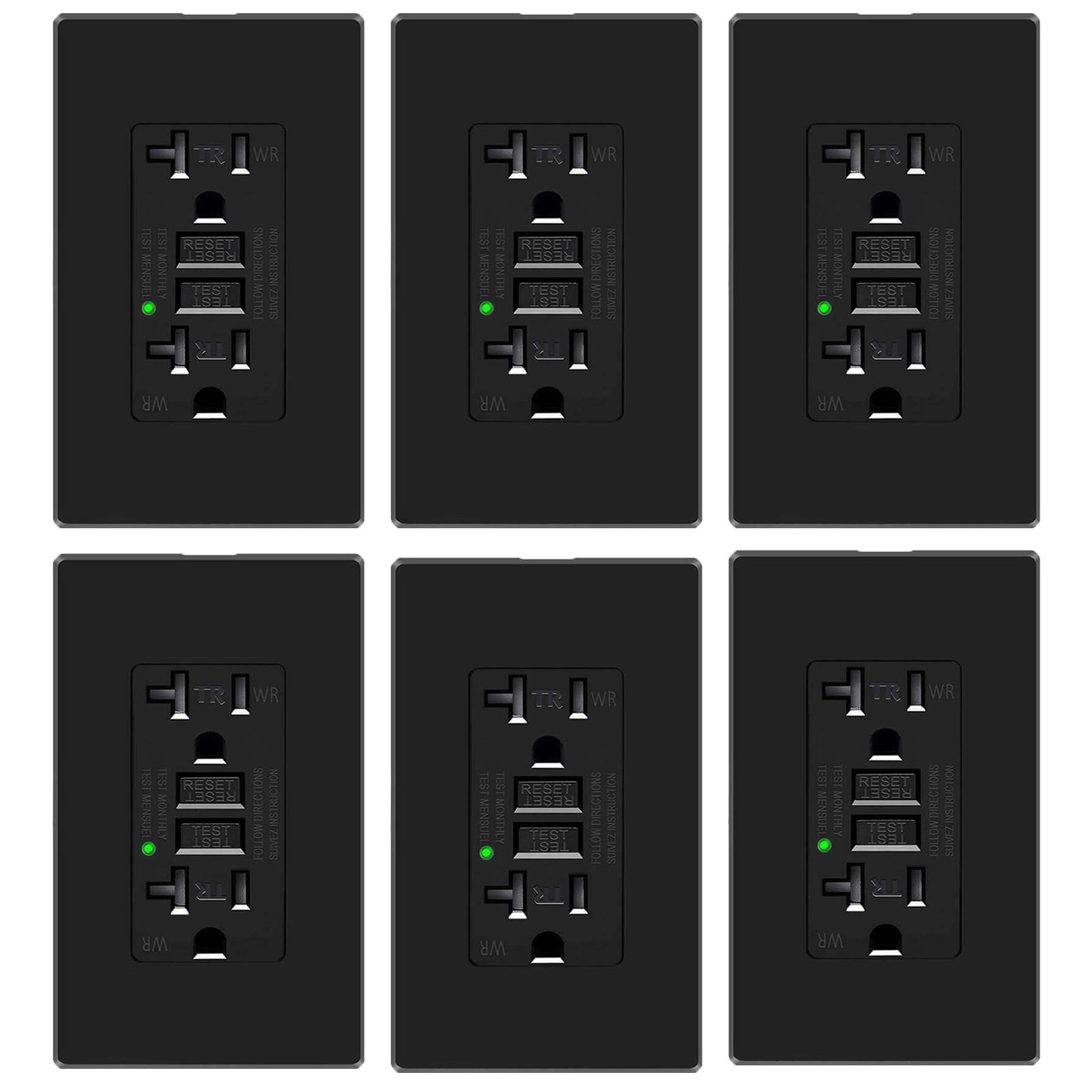 6Pack Indoor Safety GFCI Outlet 20Amp WR TR Receptacle with Wall Plate Black