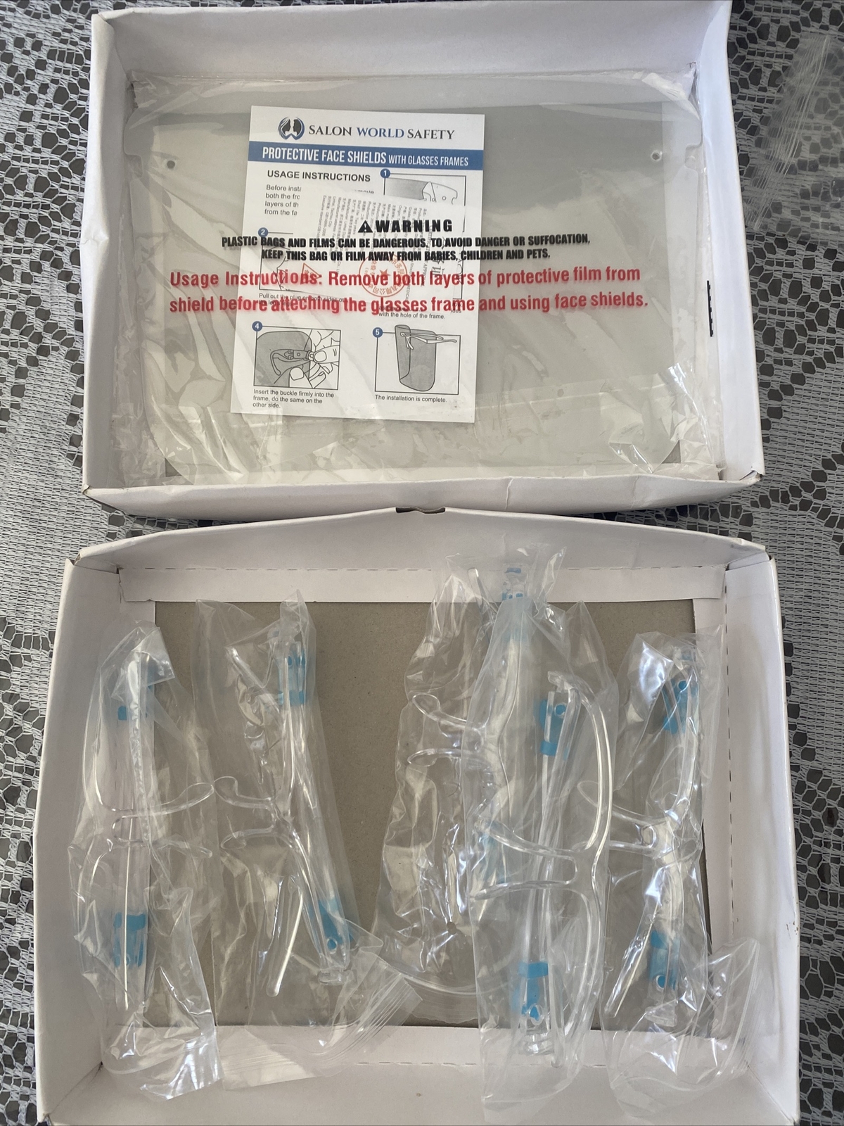 Salon World Safety Clear Face Shields w/ Glasses Frames (5 Pack Open) - Anti fog