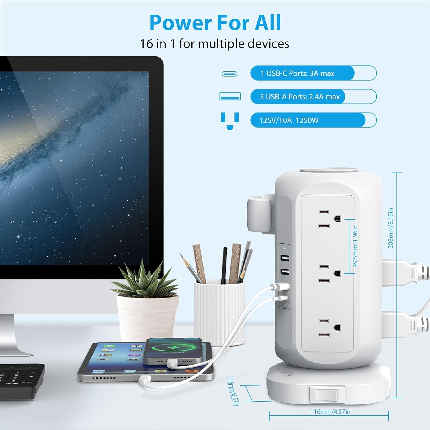 Tower Power Strip Flat Plug 12 Outlets 4 USB USB-C 10FT Surge Protector