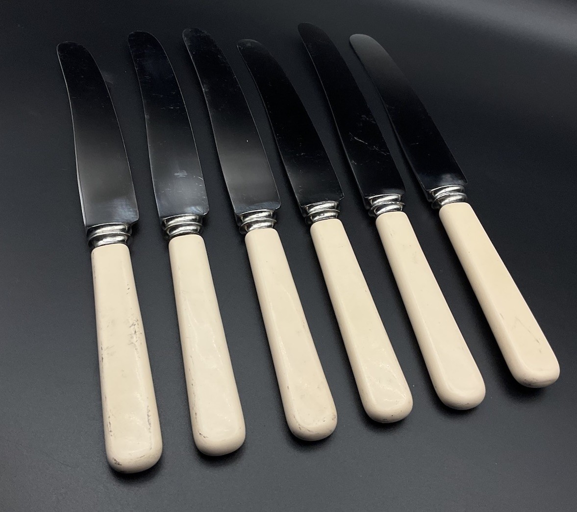 Vintage Set Of 6 Faux Bone Knives Warranted SHEFFIELD Cutlery