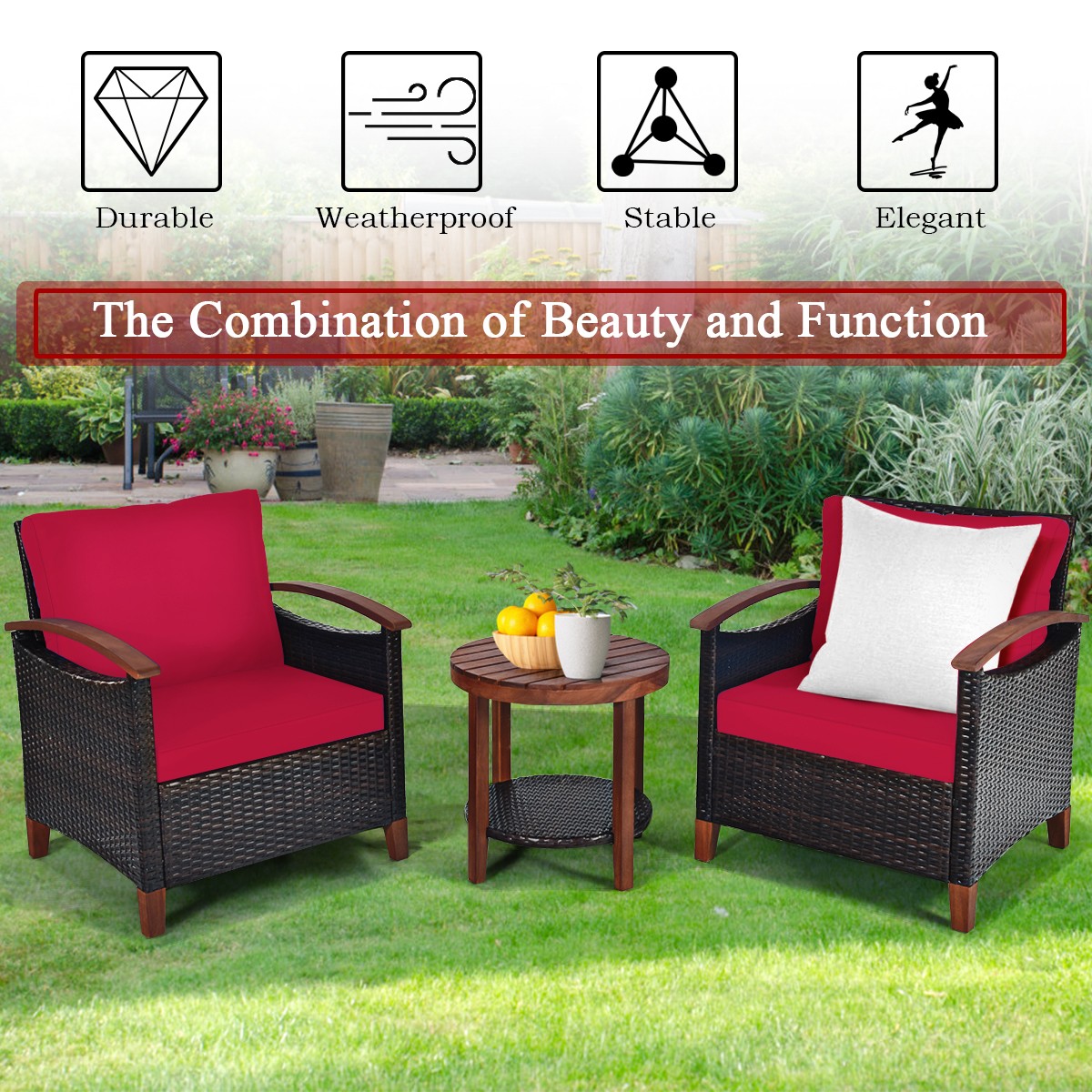 Patiojoy 3PCS Patio Rattan Furniture Set Wooden Frame Cushion Table Shelf Red