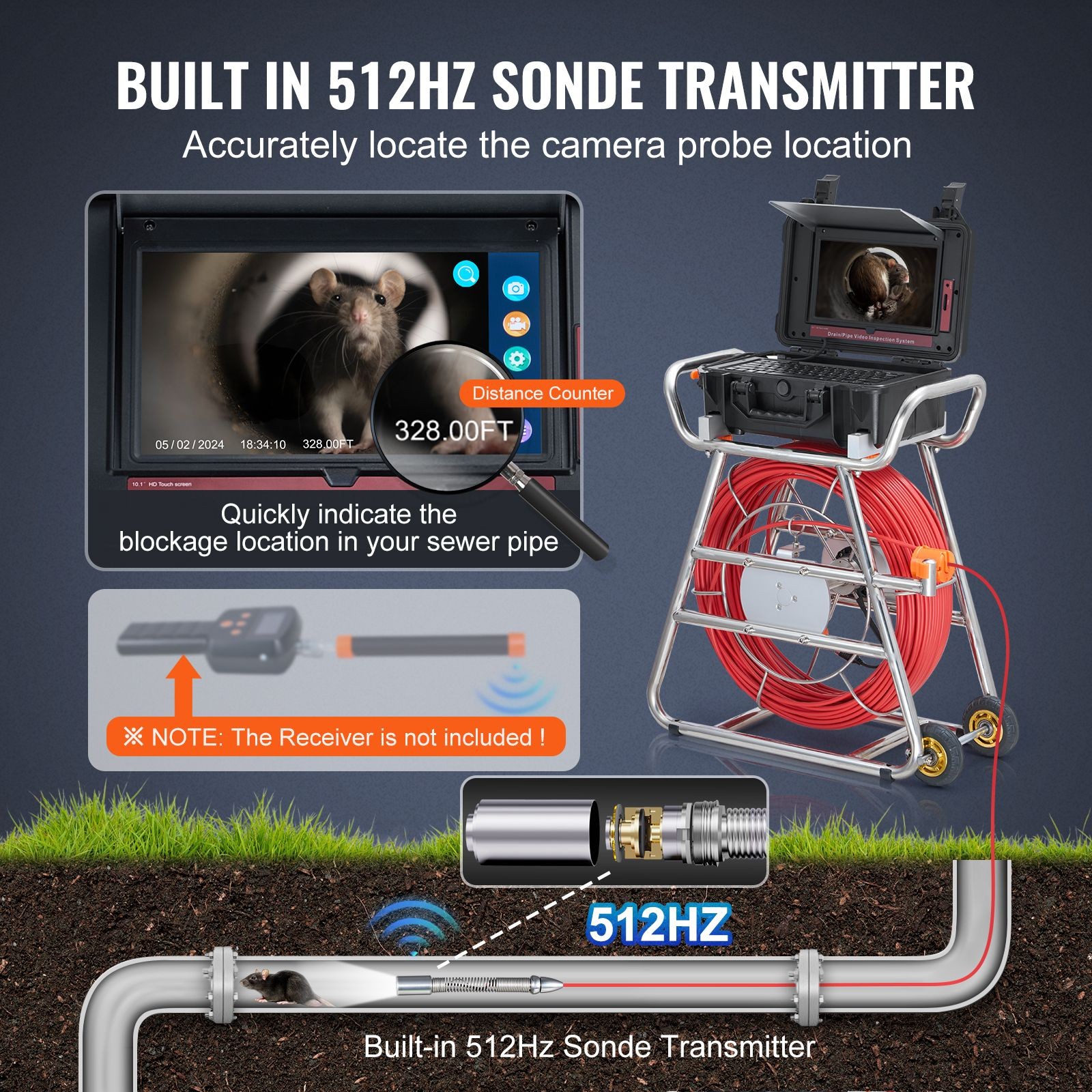 Sewer Camera 328ft 10.1 inch Touchscreen, Self Leveling IP68 Drain Inspection
