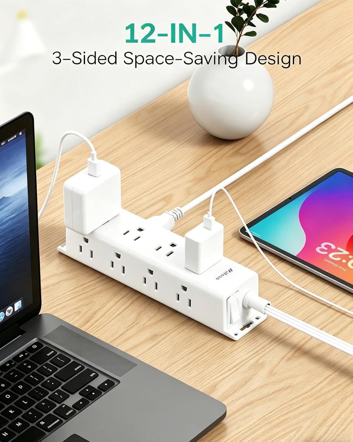 Compact 12-Outlet Surge Protector Power Strip with Flat Plug & Easy Wall Mount