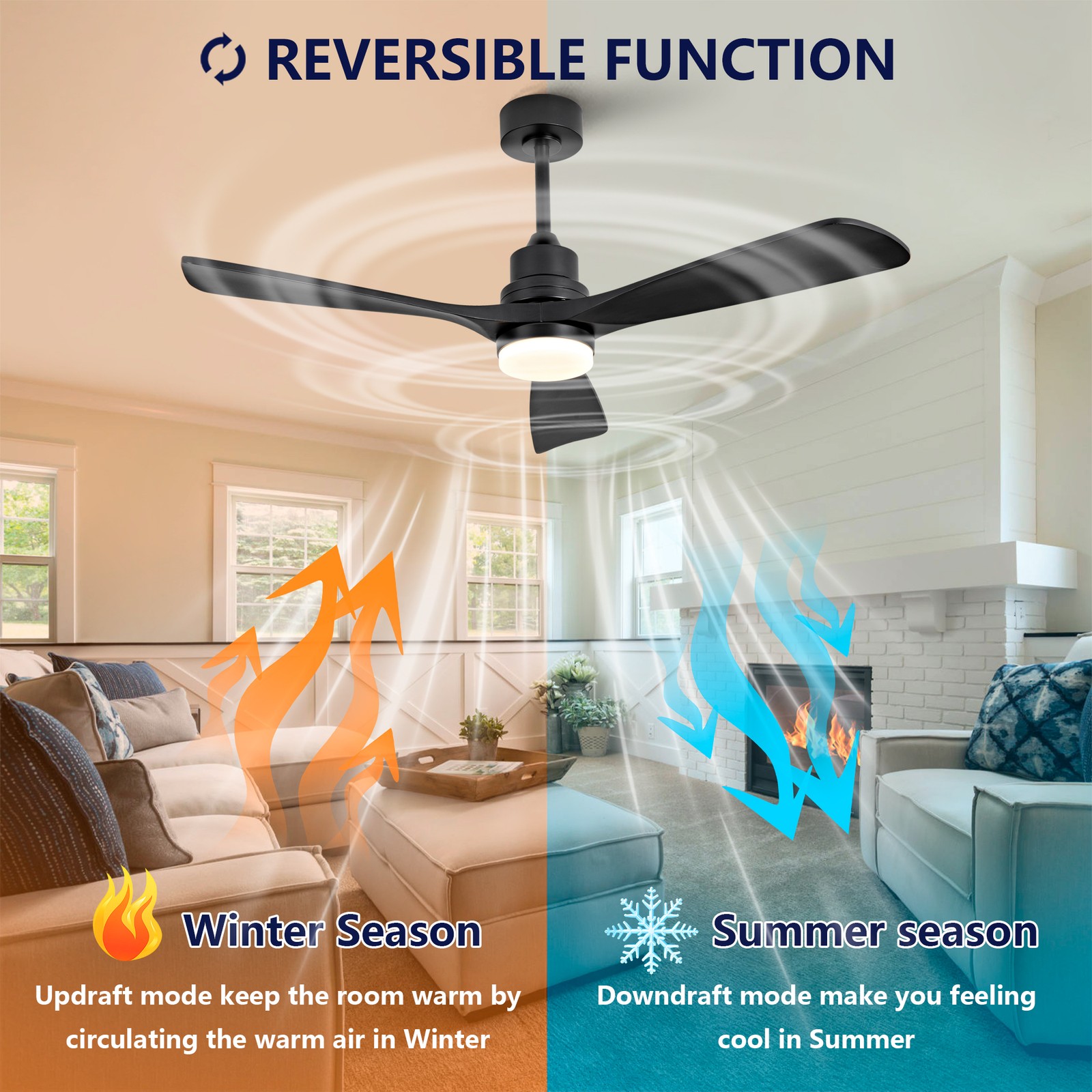 52" Modern Black Ceiling Fan With Light 3 Solid Wood Blades Remote Control
