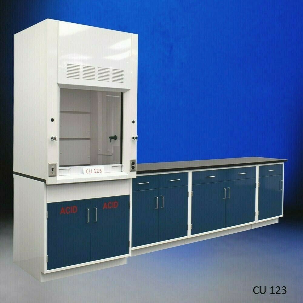 3' Fisher American Fume Hood w/ ACID Storage &9' Laboratory Cabinets / E2-348