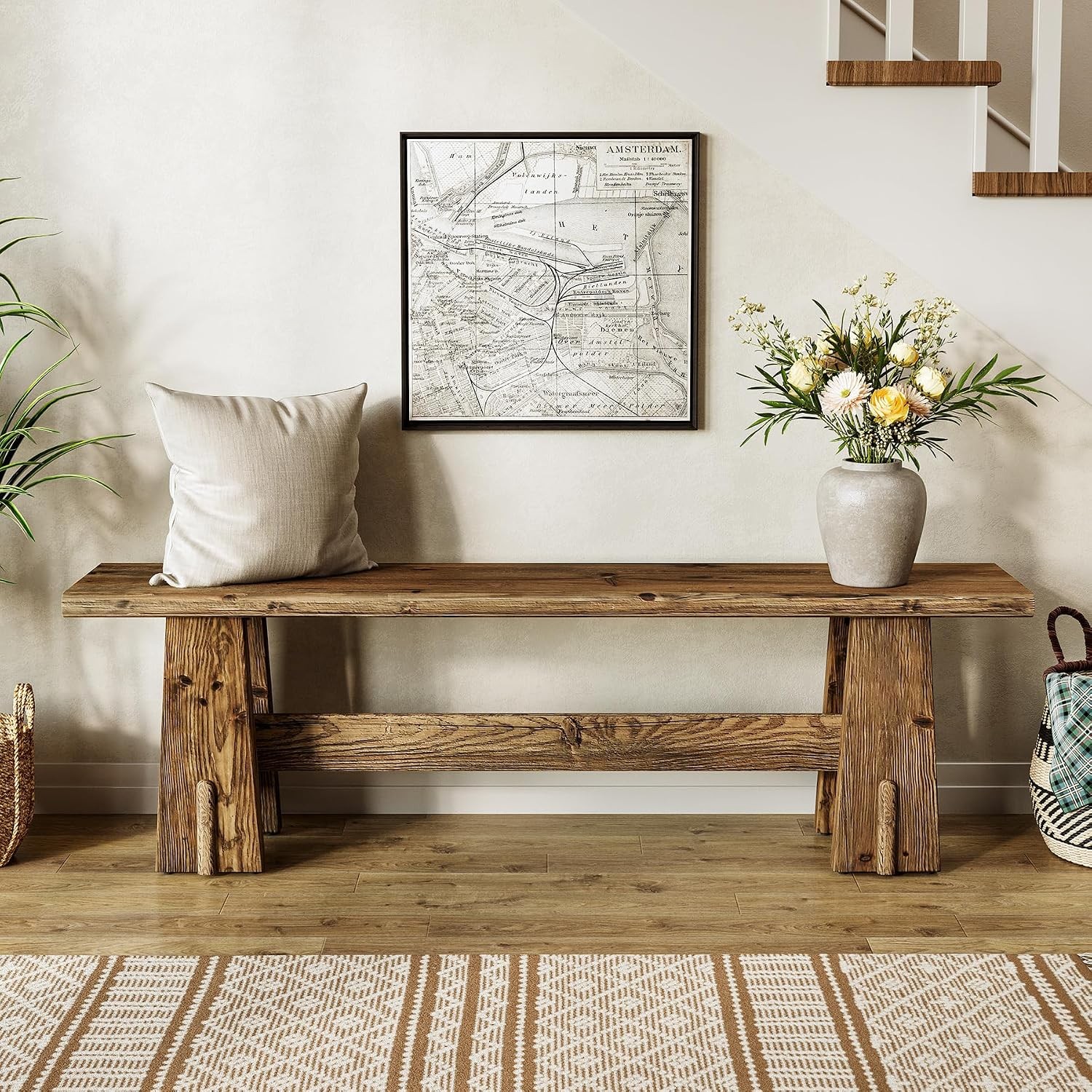 59'' Solid Wood Bench, Farmhouse Entryway Bench, Long Retro Bench for End of Bed