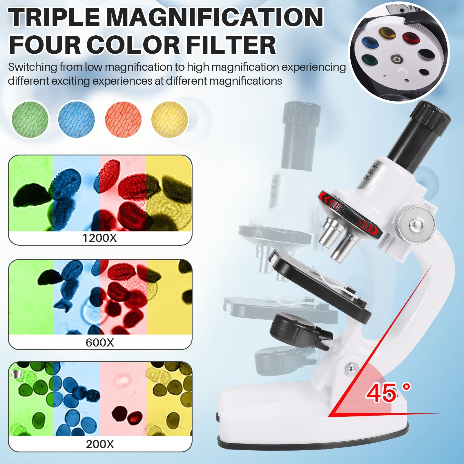 Kids Biological Microscope Students Laboratory 200x 600x 1200x Magnification