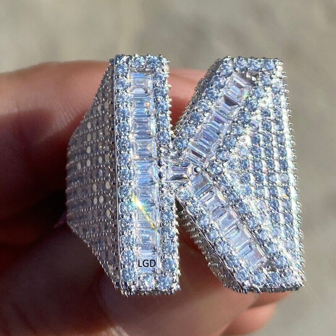 Baguette & Round Cut Latter "K" Moissanite Mens Hip.Hop Ring 925 Sterling Silver
