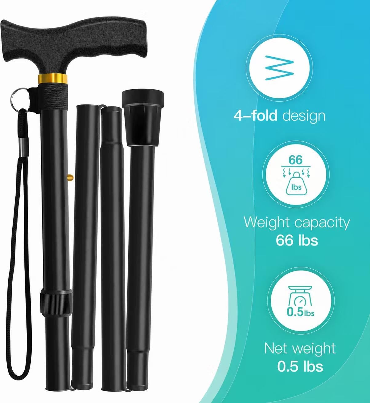 Folding Cane, Walking Height adjustment according to your requirements, Black