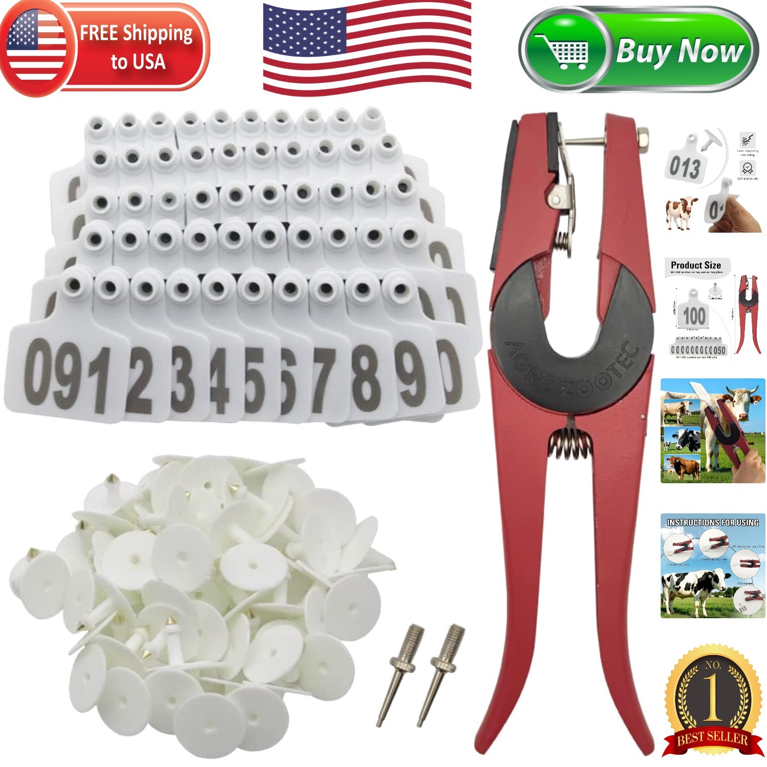 Livestock Identification Tags Kit: 100 Durable White Tags & Applicator Included