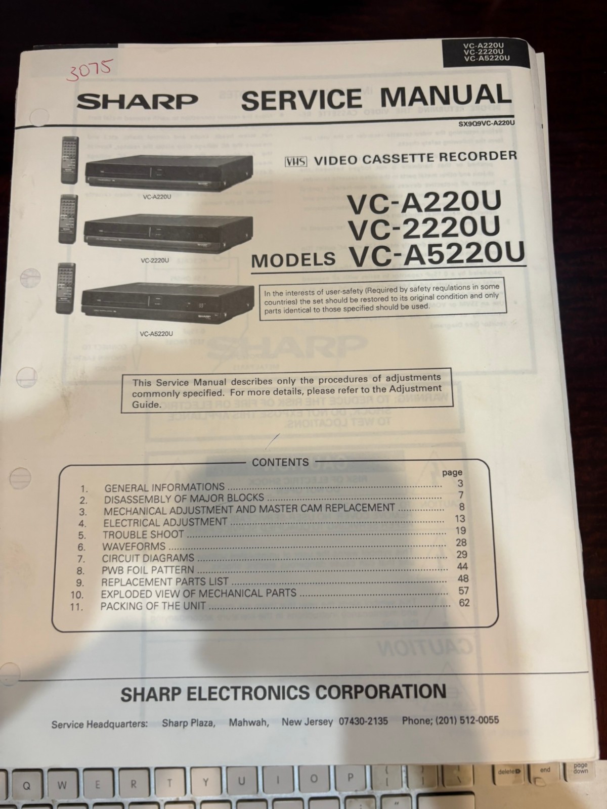 ORIG. SHARP ﻿ VC-A220U VC-2220U VC-A5220U VCR Service Manual 3075 3807 ORIGINAL*