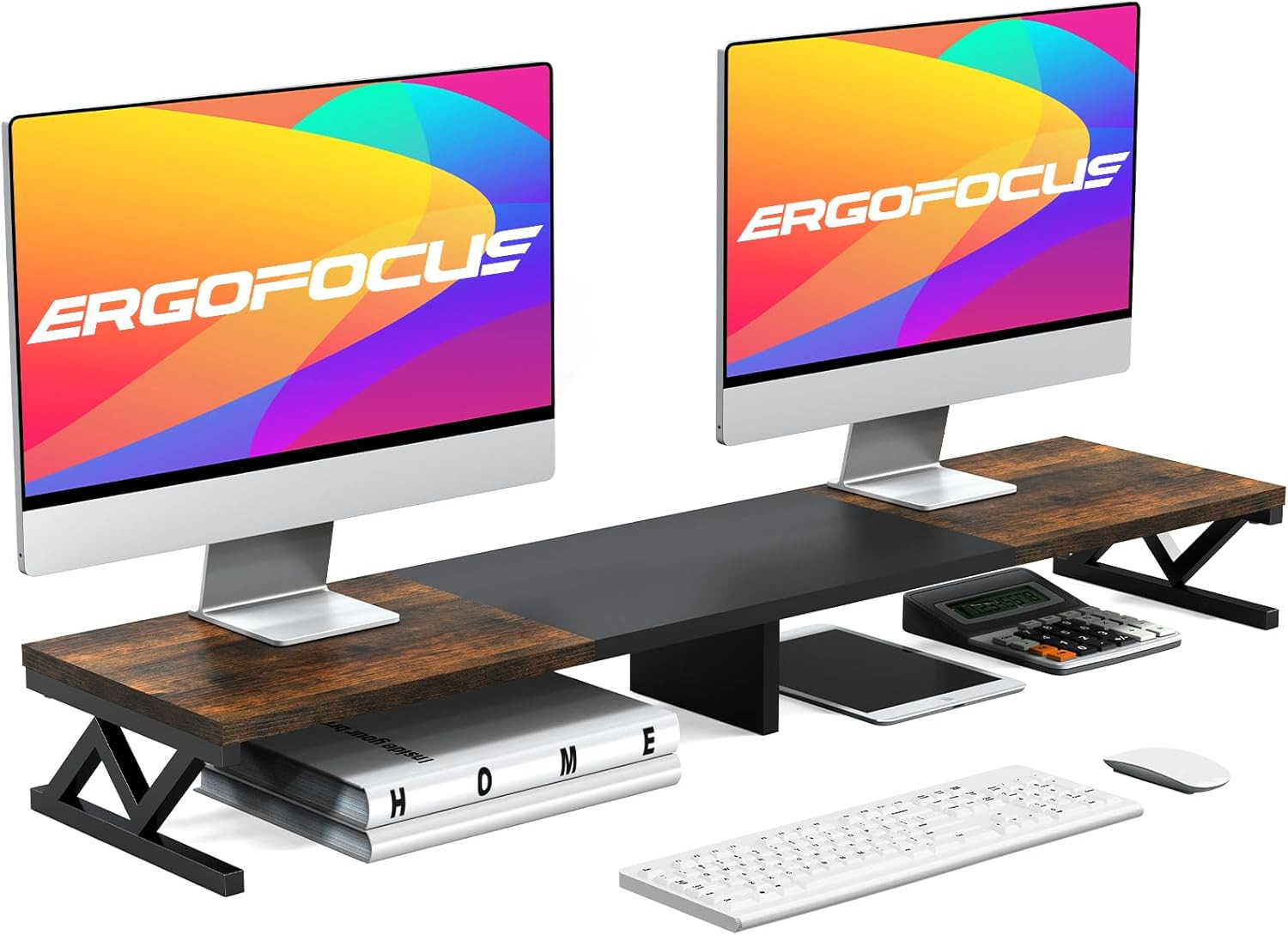 Dual Monitor Stand Riser Wood & Steel, Desk Organizer with Storage for 2 Screens