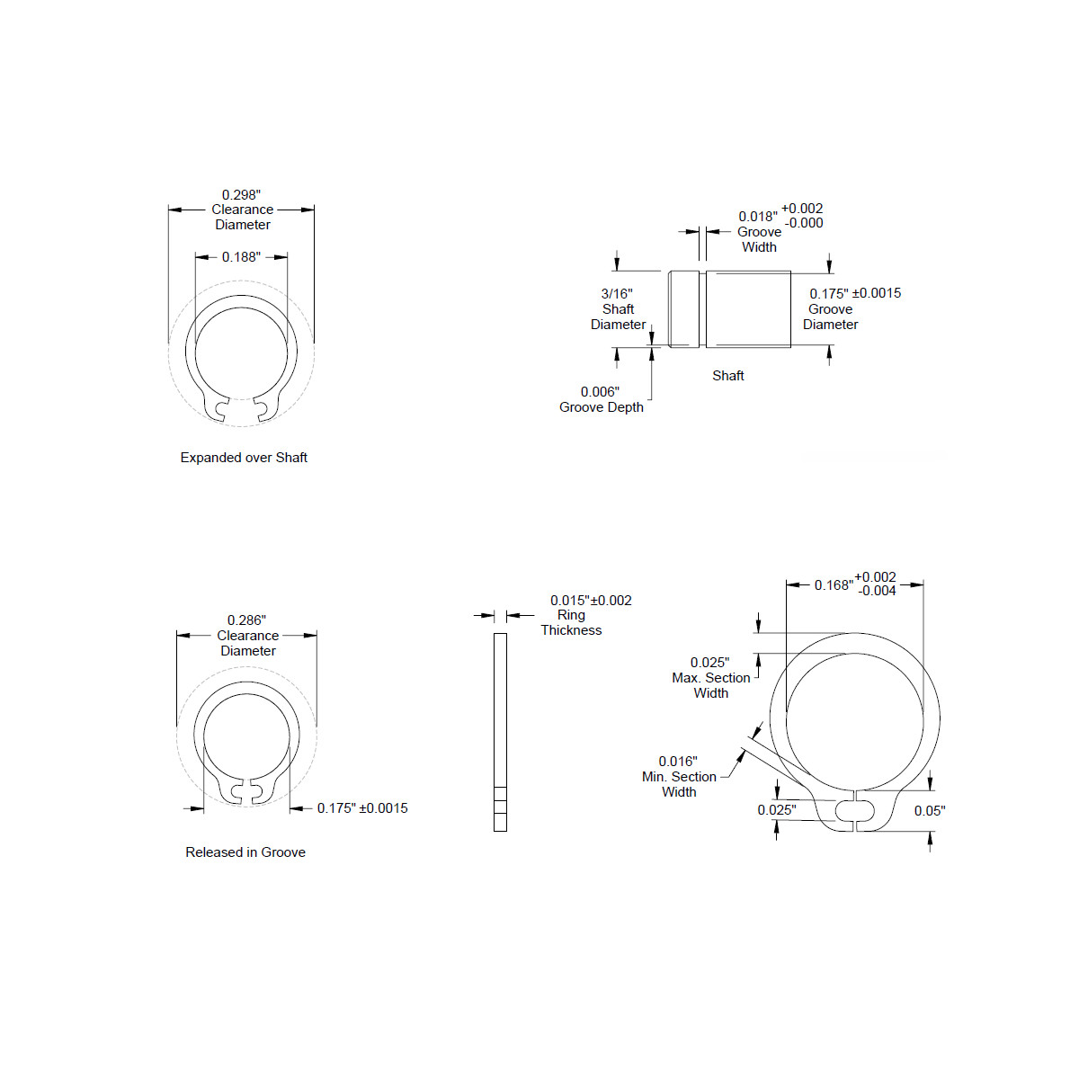 3/16" (.187) External Snap Ring, Retaining Ring, SAE, Black Phosphate, Inch, NEW