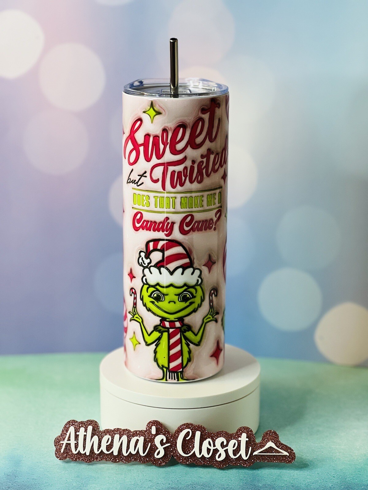 Christmas Stich 20oz Skinny Tumbler With Metal Straw And Rubber Bottom