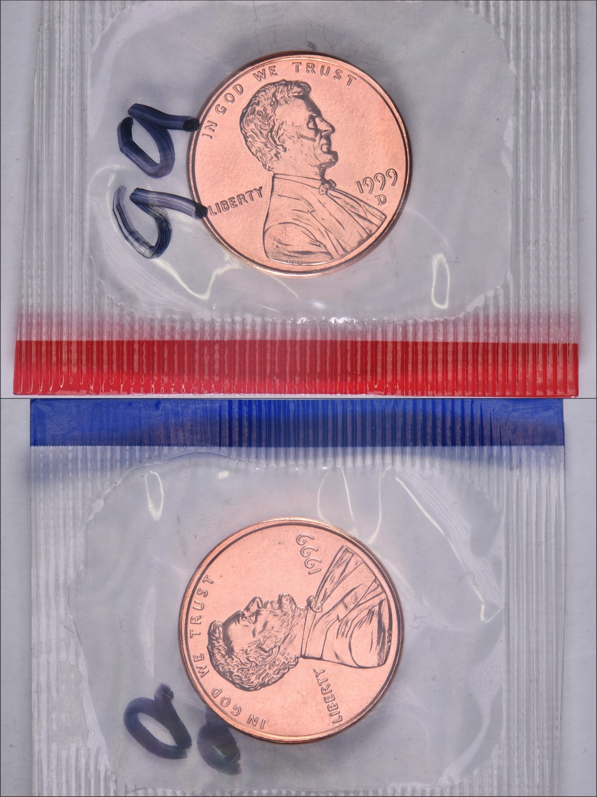 1999 P/D Lincoln Memorial Cents in Original Mint Cello BU