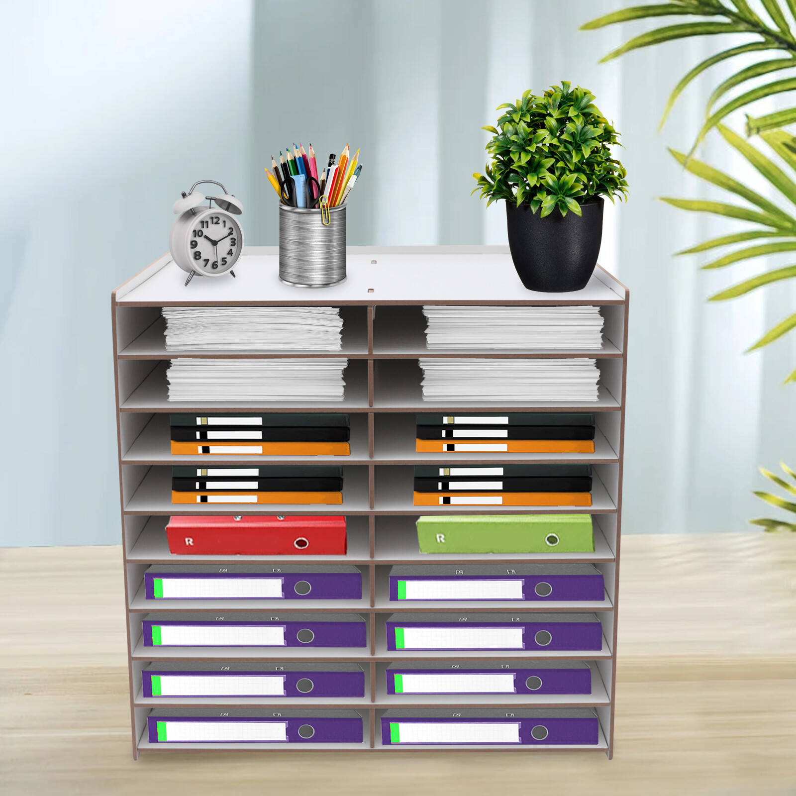 Golden Oak 9 Tier File Organizer, 18 Compartments Desktop Storage Stand