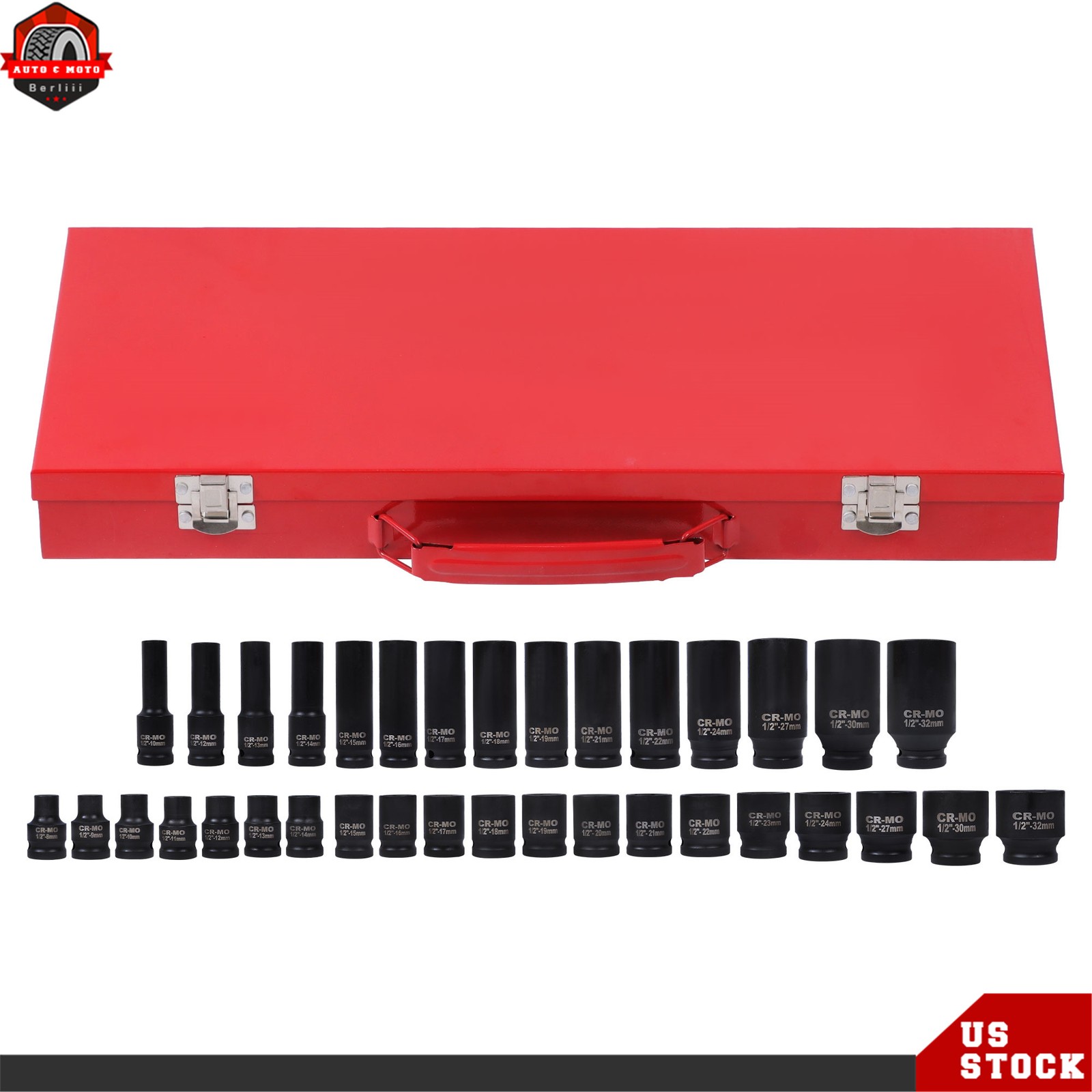 35pcs 1/2" Inch Deep Impact Socket Set Drive 8-32mm Metric Garage SAE With Case