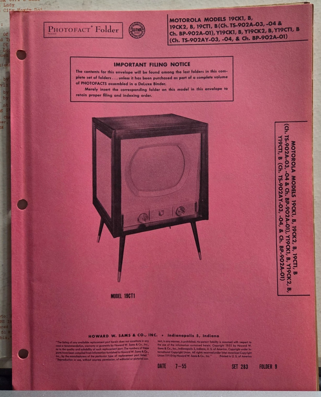 SAMS TELEVISION SERVICE MANUAL 283-9 MOTOROLA 19CK1 19CK2 19CT1 TS-902A-03