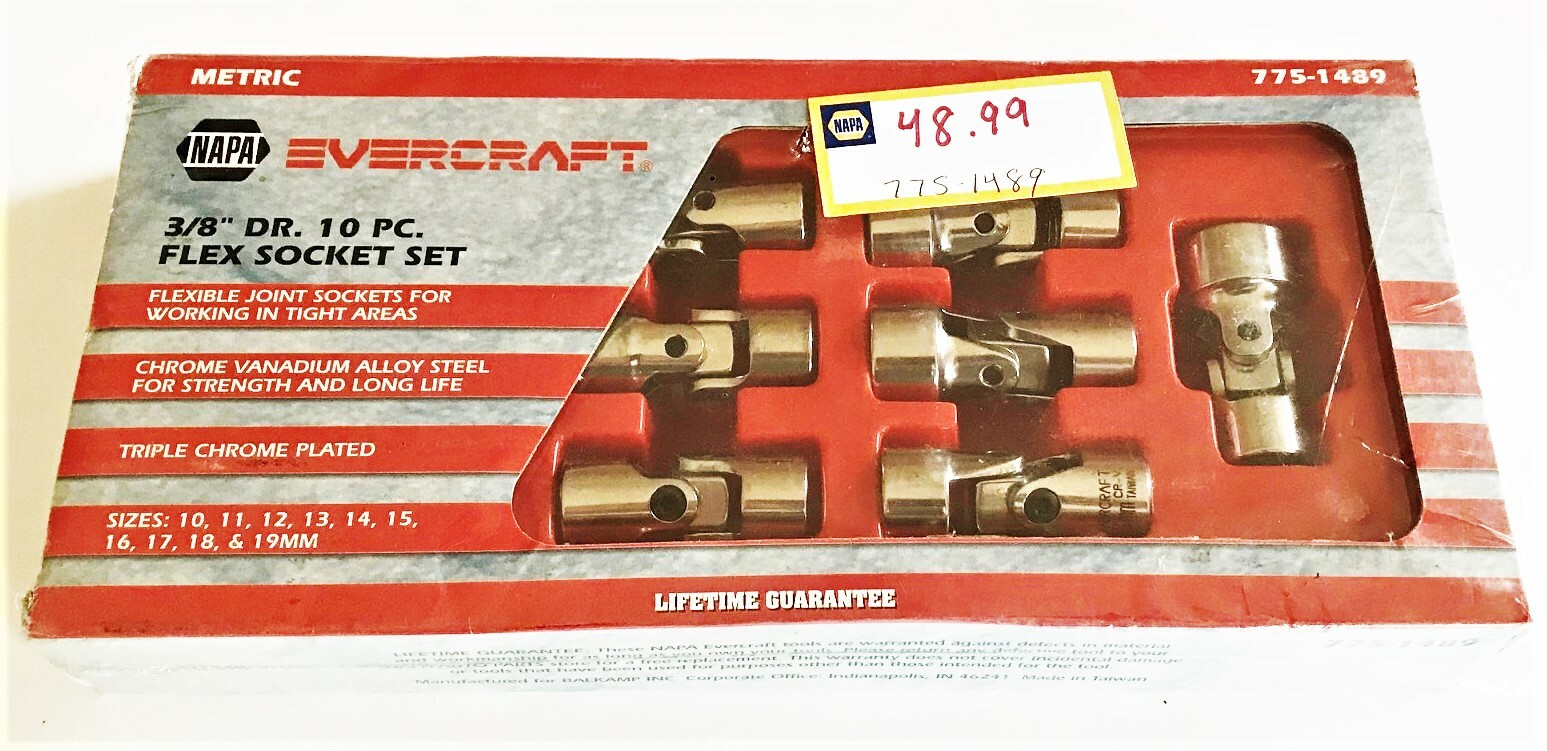 10pc NAPA EVERCRAFT PROFESSIONAL FLEXIBLE UNIVERSAL FLEX SOCKET SET MM 775-1489
