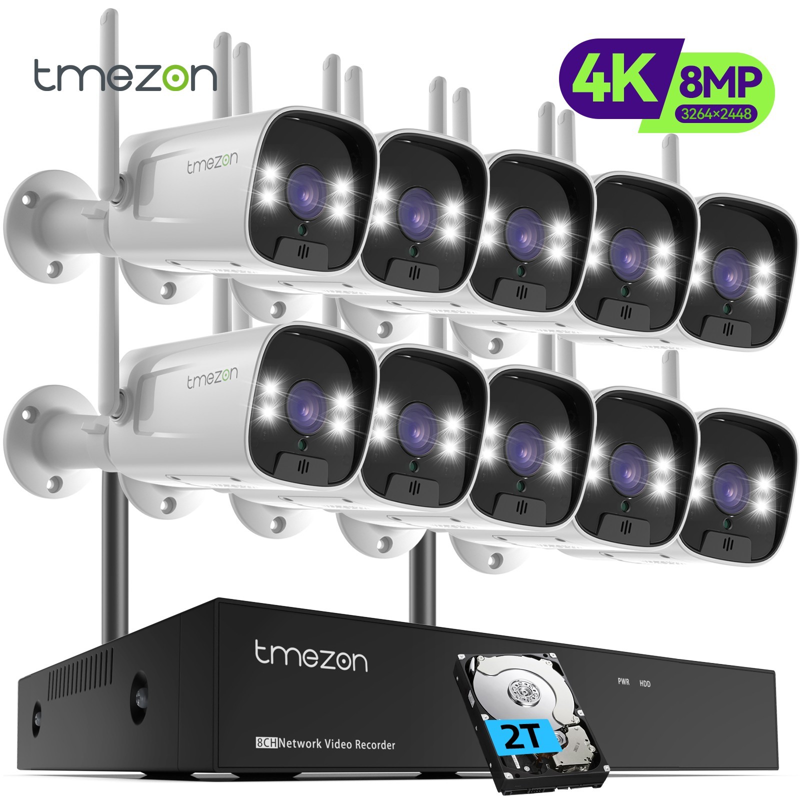 TMEZON 8MP 10CH NVR Outdoor Wireless Security Camera Audio System WIFI CCTV 2TB