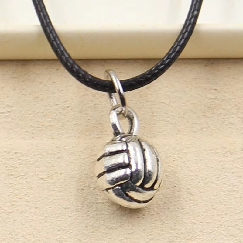 Silver Pendant Volleyball Necklace Black Leather Cord Factory Handmade Jewelry