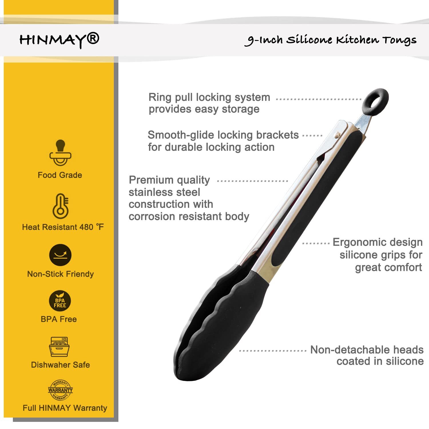 9-Inch Serving Tongs Silicone Tongs Set of 3 Black White Gray