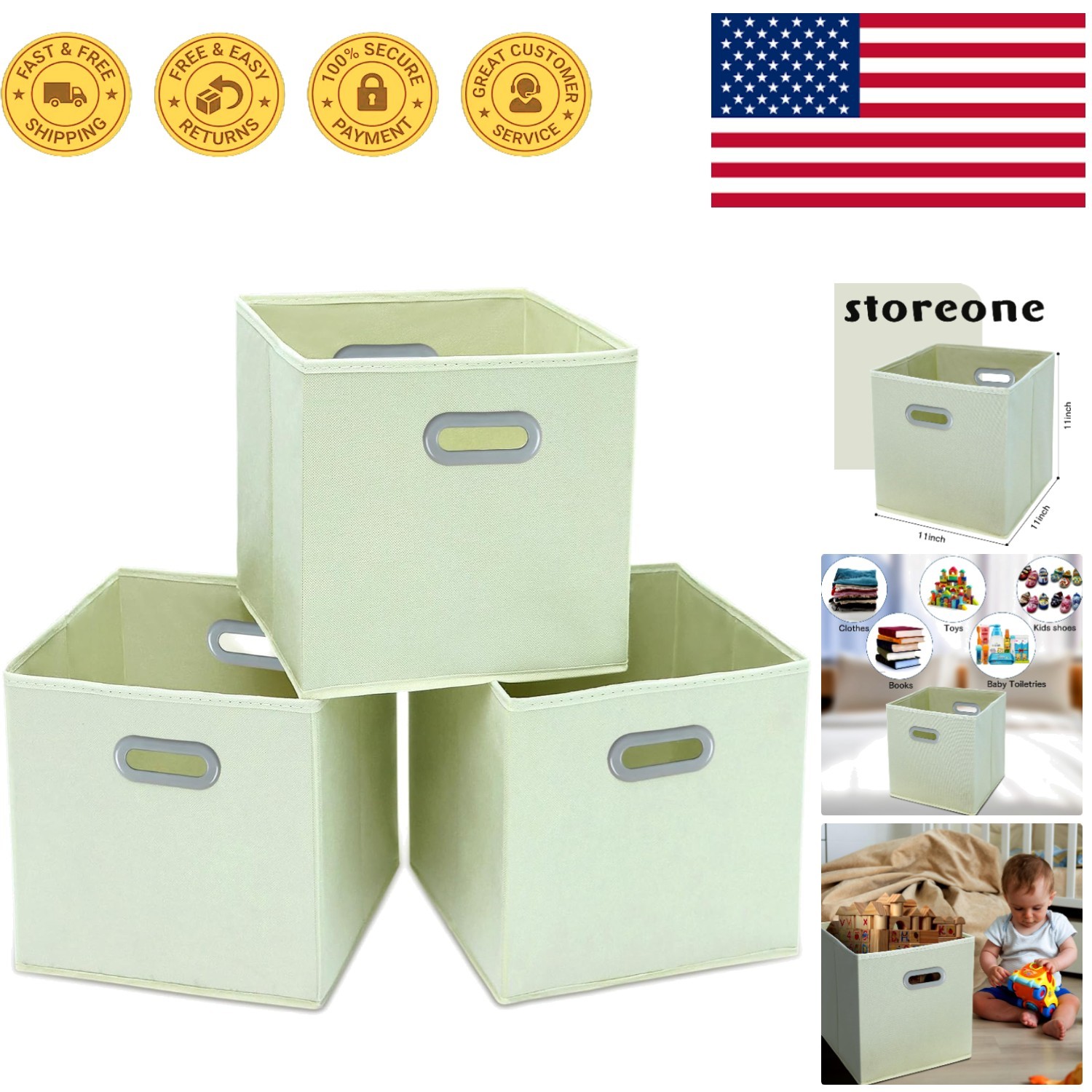 Space-Saving Creamy-White Storage Baskets - Foldable Set of 3 | Organizer Bins
