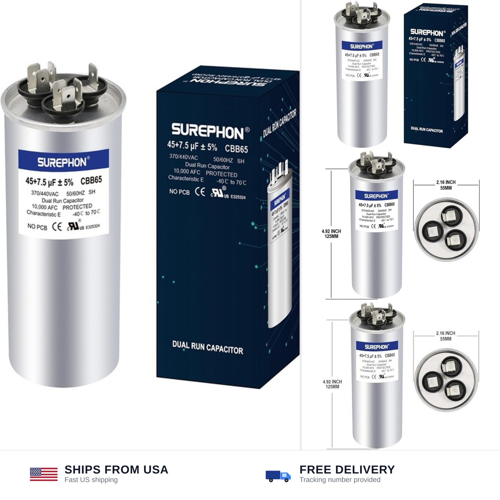 45+7.5 uF 45/7.5 MFD ±5% 370V/440VAC Dual Run Start Capacitor CBB65 Works for...