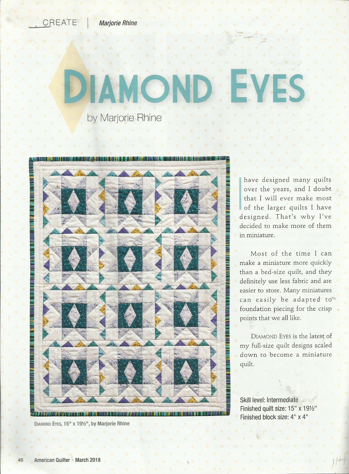 C0139  DIAMOND EYES  WALLHANGING  QUILT PATTERN/INSTRUCTIONS