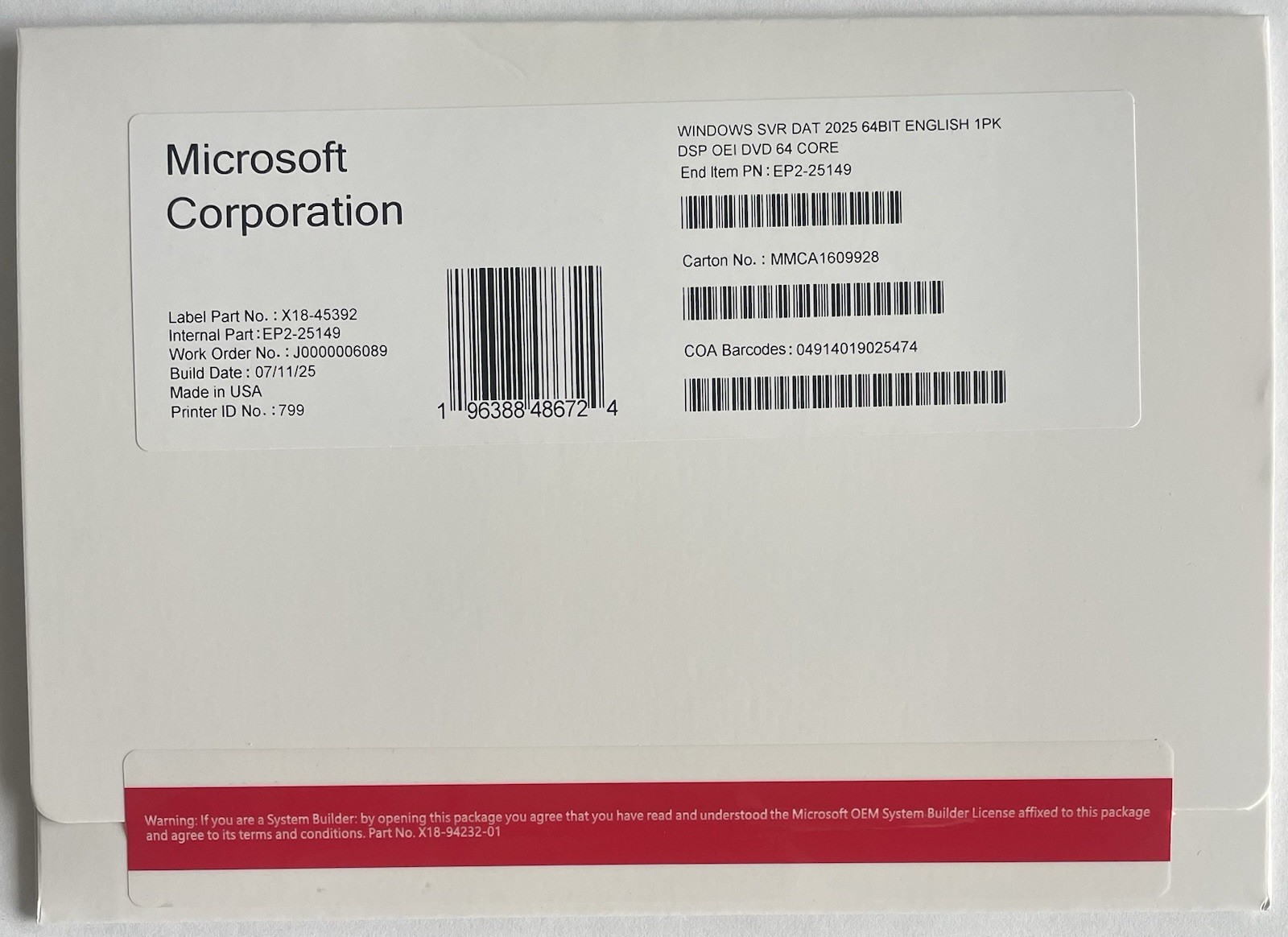 Microsoft Windows Server 2025 Datacenter 64Bit 64 Core DVD+Key (New)