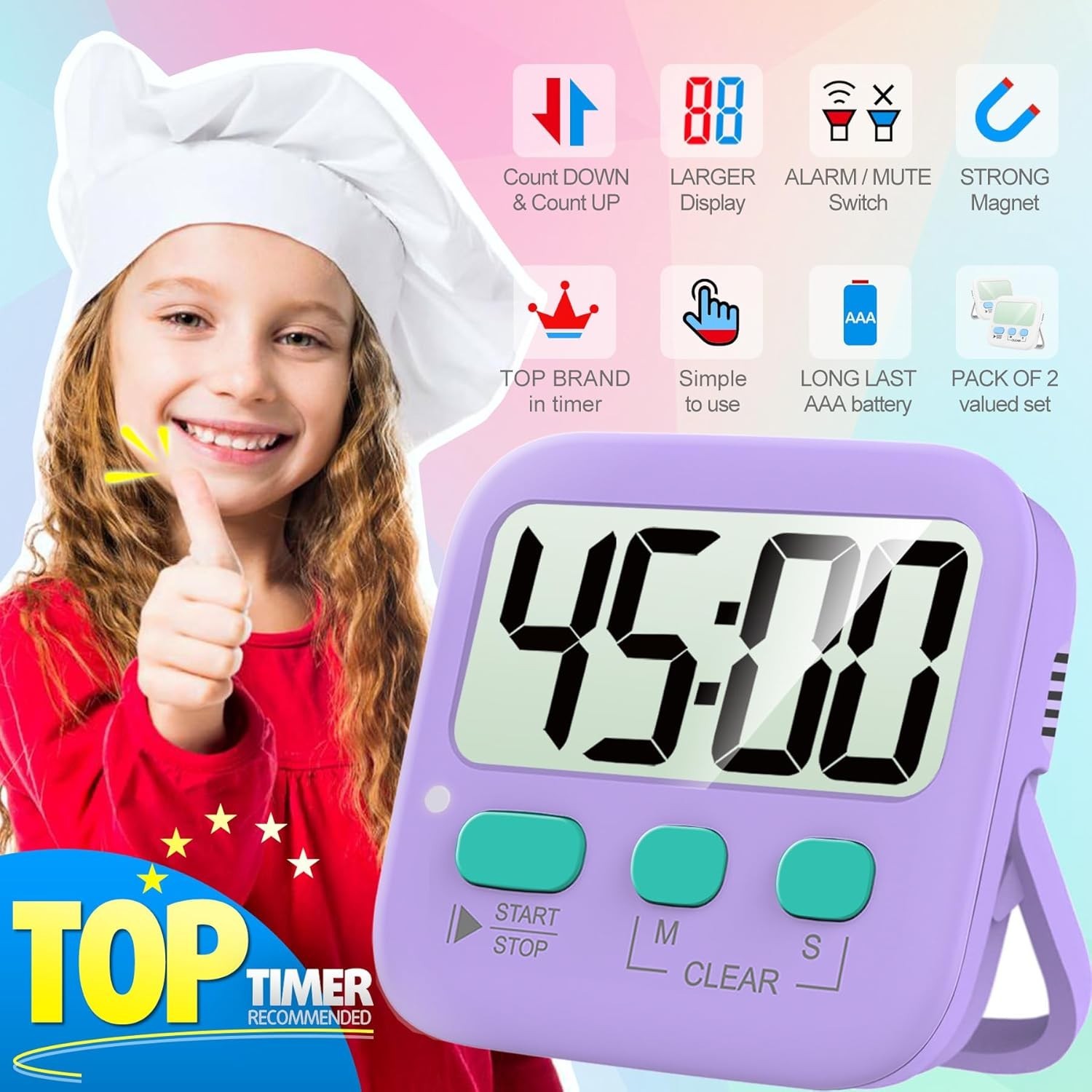 Digital Timer for Kids Kitchen Classroom Study Exercise Two Pack Purple