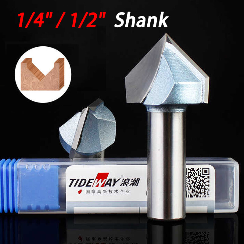 V Grooving Carbide Tipped TCT Router Bits 1/4" 1/2" Shank. 90 Degree V-Groove