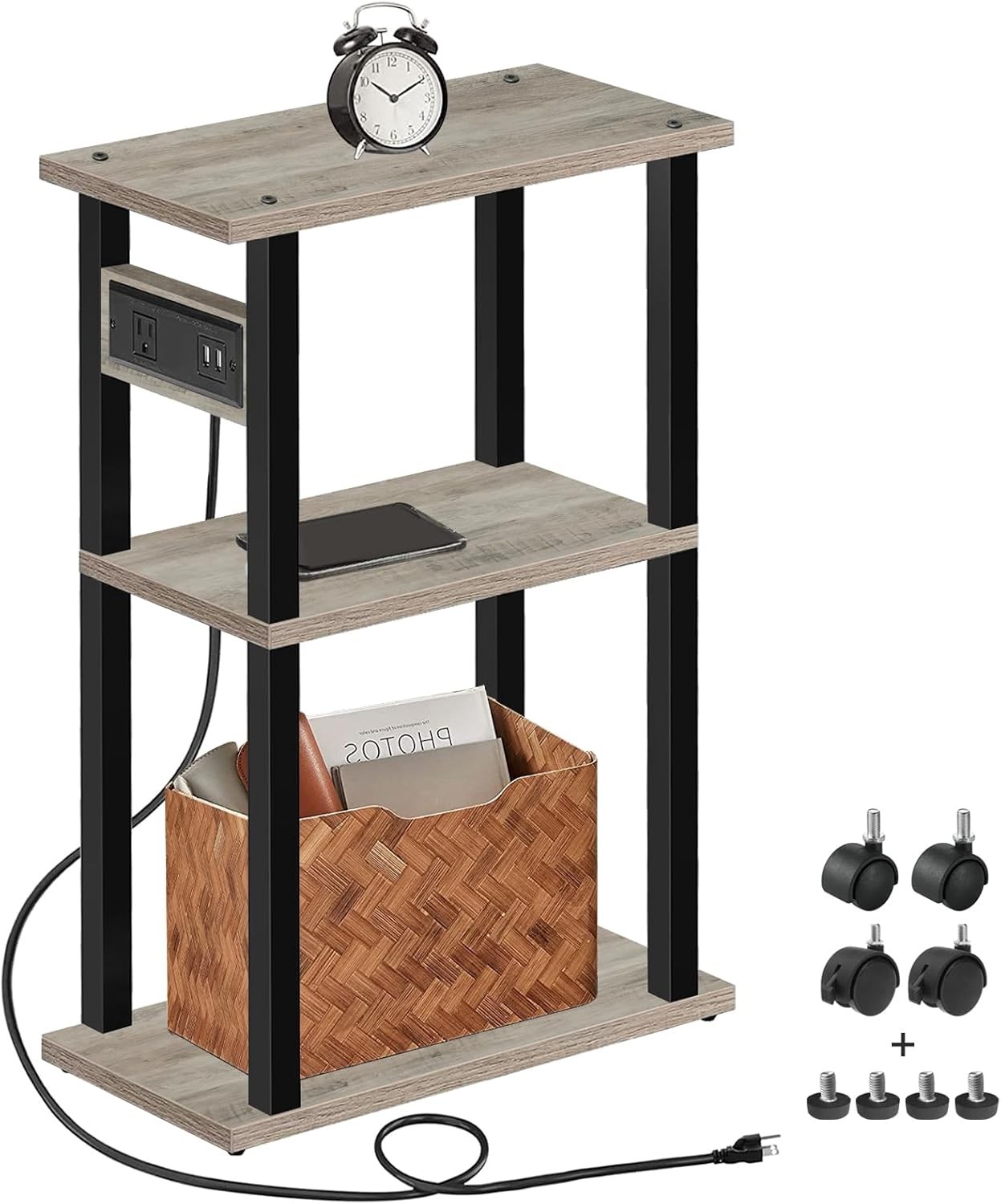 Narrow Side Table W/ Charging Station Skinny End Table Small Spaces Small