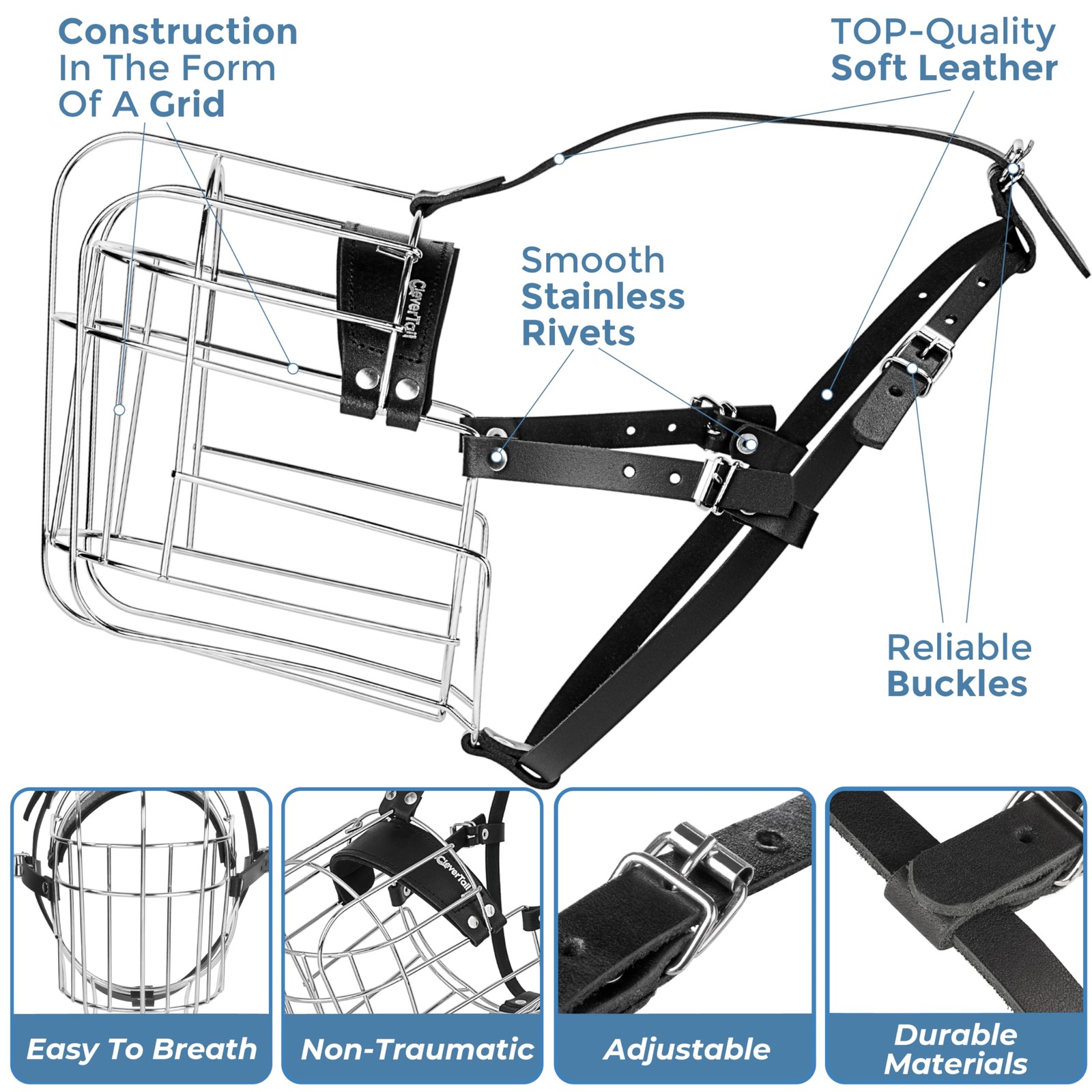 CleverTail Extra Large Dog Muzzle for Large, Silver & Black Straps