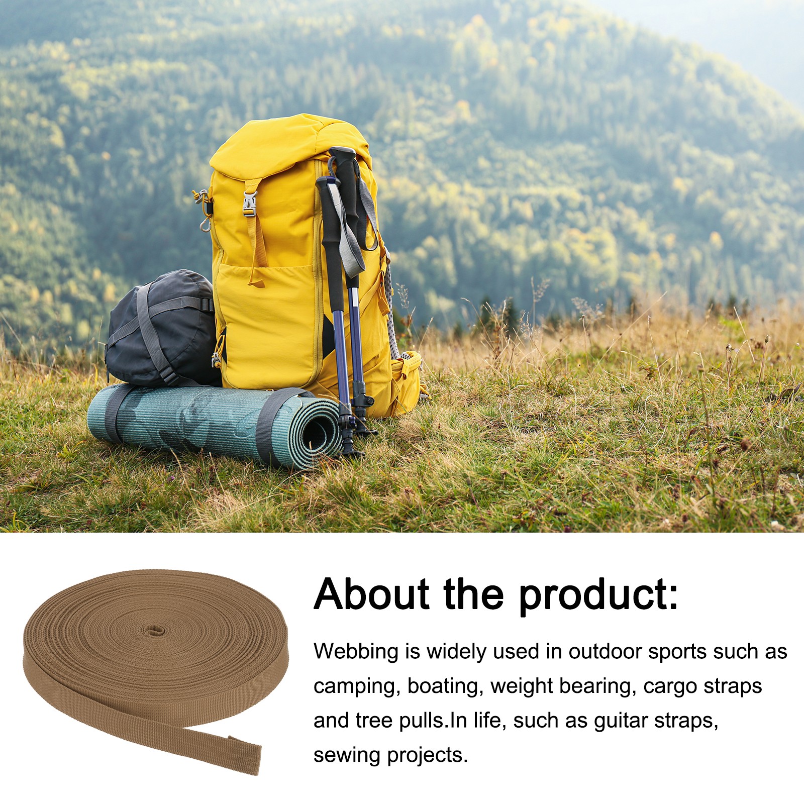 Nylon Webbing Strap 50 Yards 7/8" Polypropylene Lightweight Strap Light Coffee