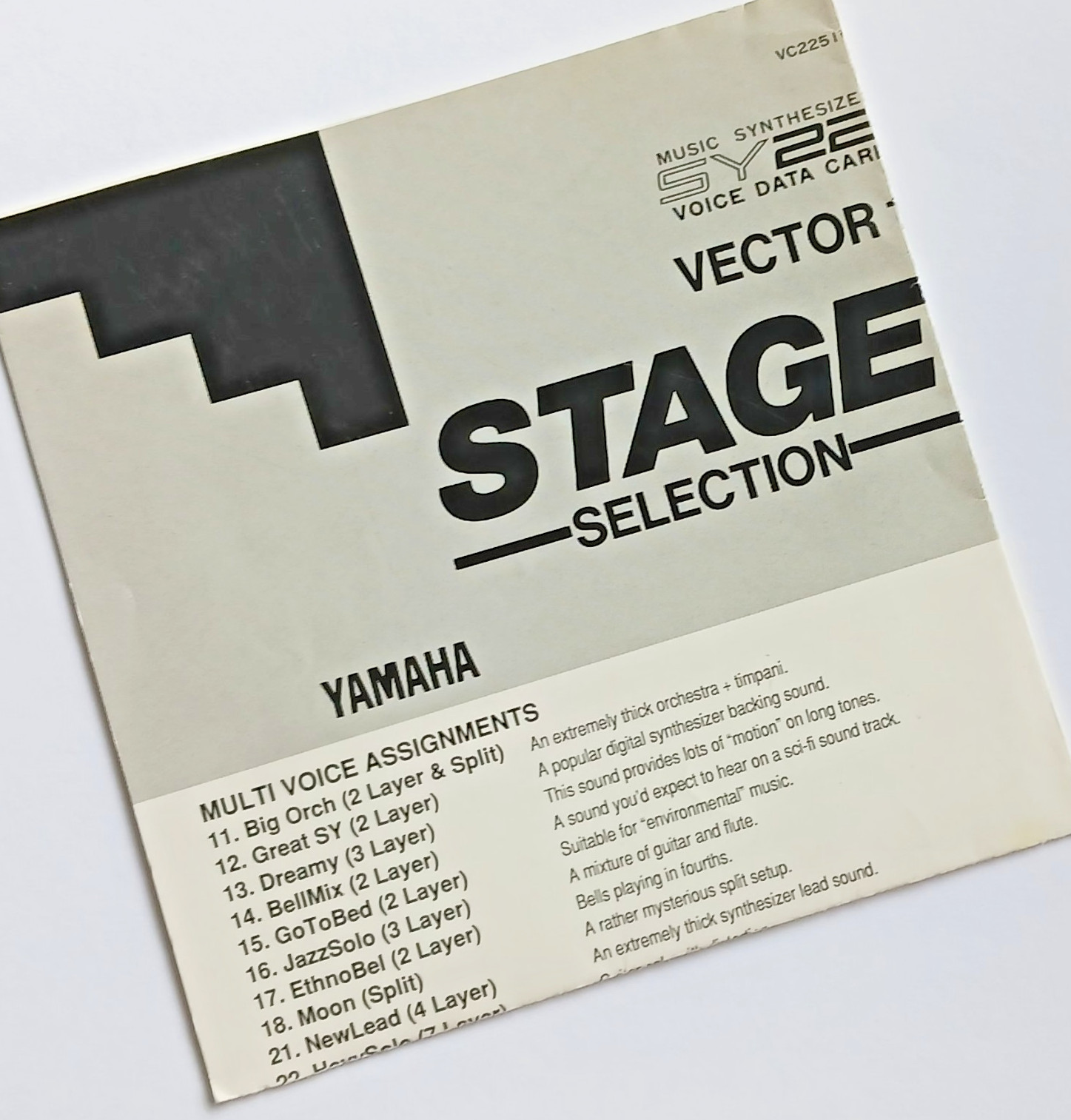 PAPER NOTES / ART INSERT ONLY for YAMAHA ROM Card: Vector 1 Stage Selection SY22